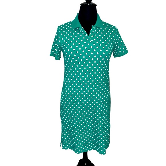 LANDS END Polka Dot Collared Polo Dress - Green/White Medium - Picture 1 of 11